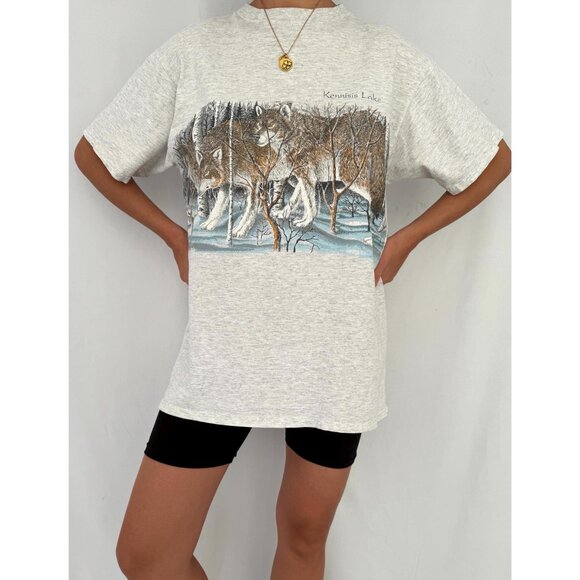 90s vintage grey wolf pack animal nature canada graphic short sleeved tee shirt - Picture 2 of 9